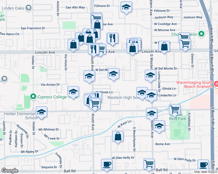 map of restaurants, bars, coffee shops, grocery stores, and more near 3402 West Danbrook Avenue in Anaheim