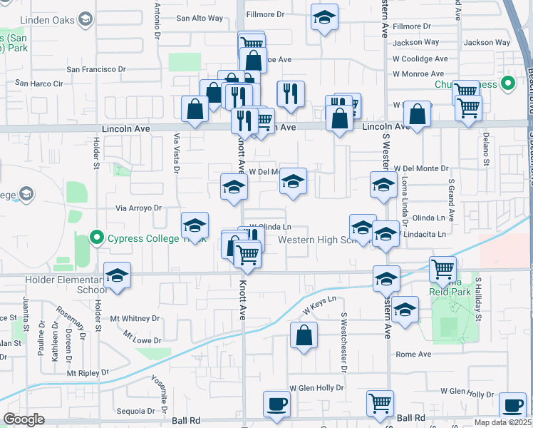 map of restaurants, bars, coffee shops, grocery stores, and more near 3419 West Danbrook Avenue in Anaheim
