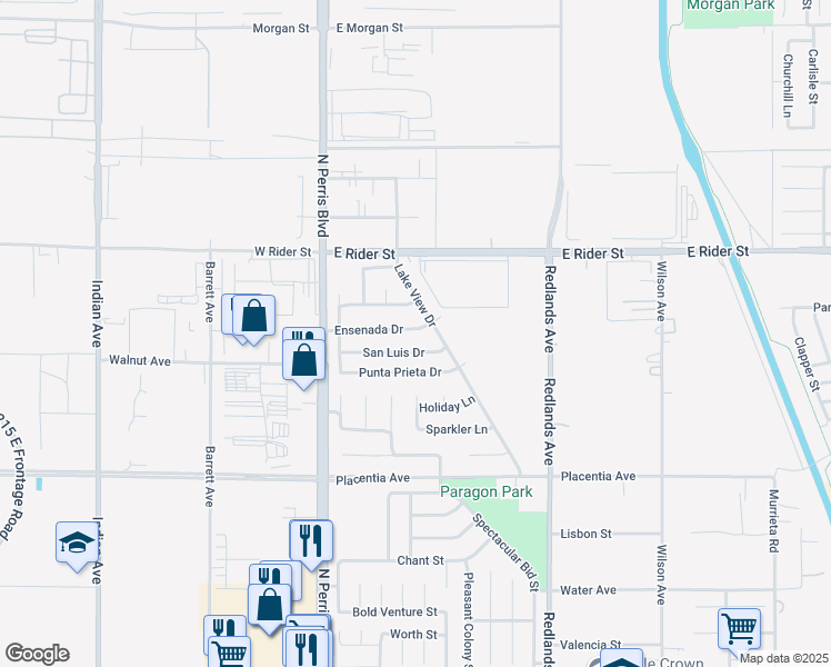 map of restaurants, bars, coffee shops, grocery stores, and more near 179 Ensenada Drive in Perris