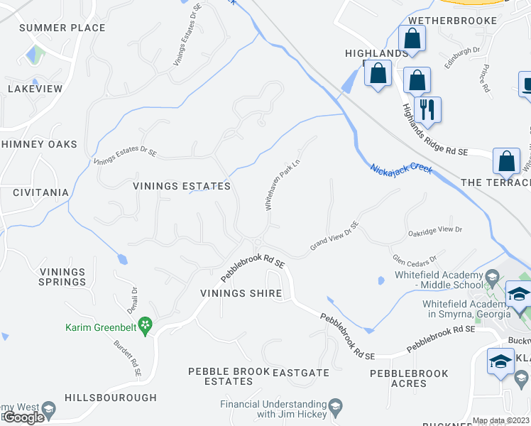 map of restaurants, bars, coffee shops, grocery stores, and more near 5297 Whitehaven Park Lane Southeast in Mableton