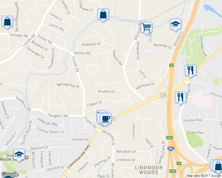 map of restaurants, bars, coffee shops, grocery stores, and more near 2991 Windfield Circle in Tucker
