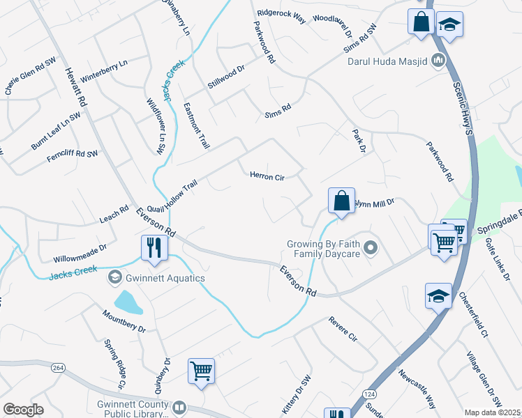 map of restaurants, bars, coffee shops, grocery stores, and more near 2958 Cordite Loop in Snellville