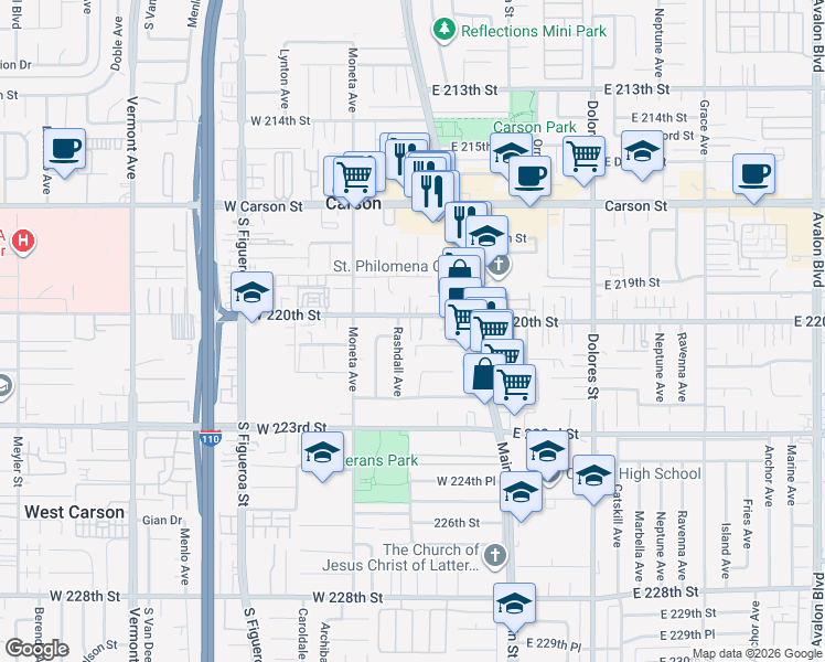 map of restaurants, bars, coffee shops, grocery stores, and more near 164 West 220th Street in Carson