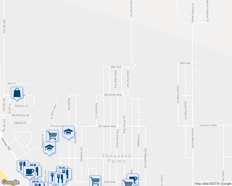 map of restaurants, bars, coffee shops, grocery stores, and more near 30475 Arbol Real Avenue in Thousand Palms