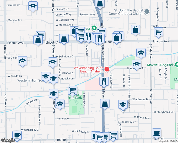 map of restaurants, bars, coffee shops, grocery stores, and more near 235 South Beach Boulevard in Anaheim
