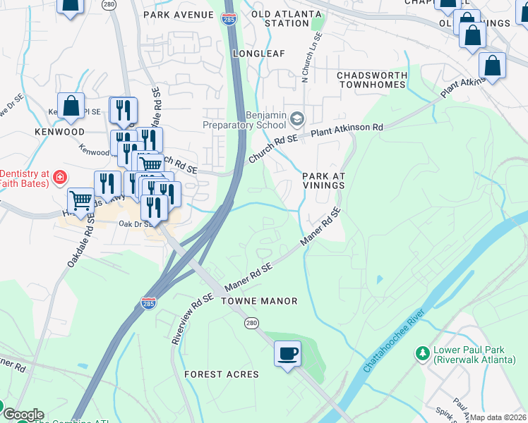map of restaurants, bars, coffee shops, grocery stores, and more near 50 Maner Terrace Southeast in Atlanta