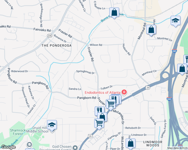 map of restaurants, bars, coffee shops, grocery stores, and more near 1592 Frazier Road in Decatur