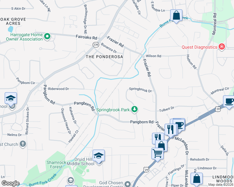 map of restaurants, bars, coffee shops, grocery stores, and more near 1574 Country Squire Court in Decatur
