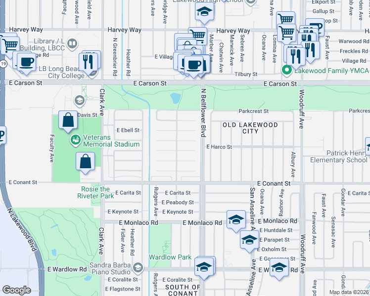 map of restaurants, bars, coffee shops, grocery stores, and more near 5417 East Harco Street in Long Beach