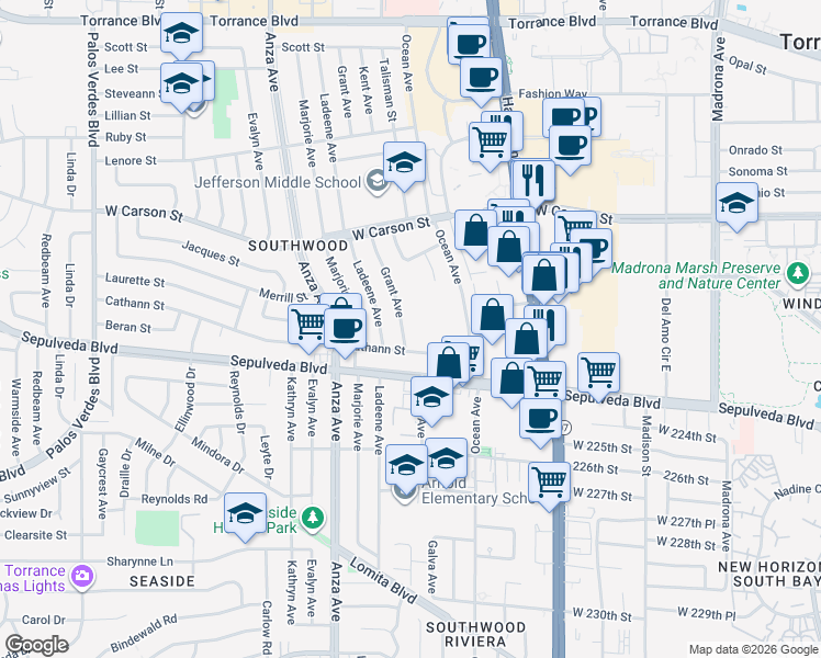 map of restaurants, bars, coffee shops, grocery stores, and more near 22009 Grant Avenue in Torrance