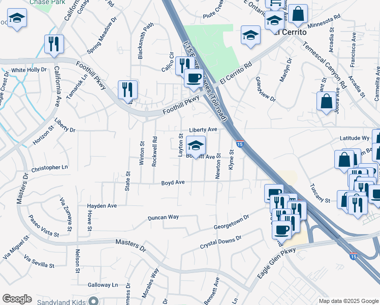 map of restaurants, bars, coffee shops, grocery stores, and more near 20115 Kayne Street in Corona
