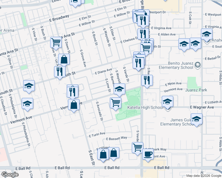 map of restaurants, bars, coffee shops, grocery stores, and more near 884 South Lime Street in Anaheim