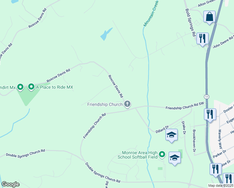 map of restaurants, bars, coffee shops, grocery stores, and more near 1597 Roscoe Davis Road in Monroe