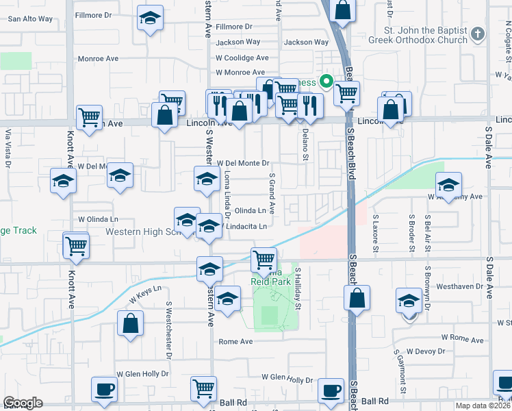 map of restaurants, bars, coffee shops, grocery stores, and more near 3110 West Paso Robles Drive in Anaheim