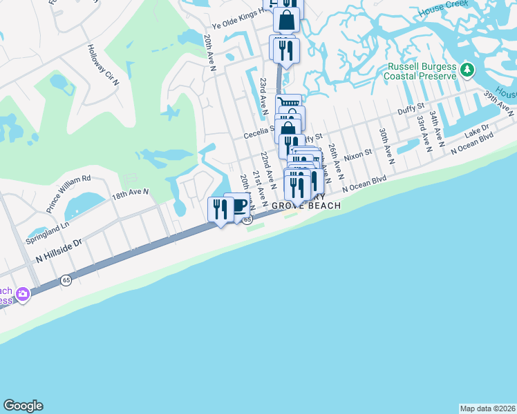 map of restaurants, bars, coffee shops, grocery stores, and more near 214 20th Avenue North in North Myrtle Beach