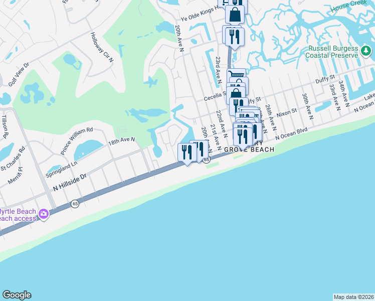 map of restaurants, bars, coffee shops, grocery stores, and more near 1915-N North Ocean Boulevard in North Myrtle Beach