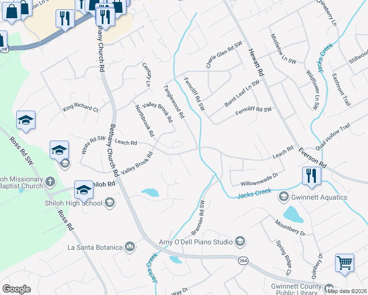map of restaurants, bars, coffee shops, grocery stores, and more near 4143 Tanglewood Road in Snellville