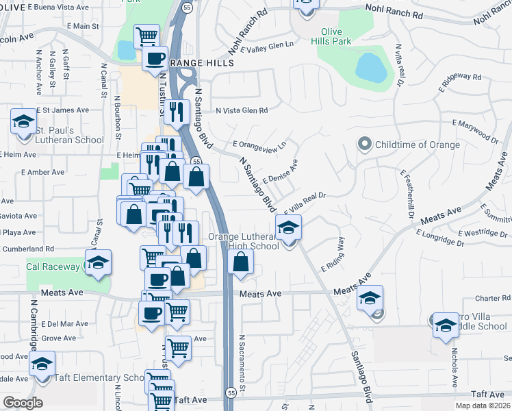 map of restaurants, bars, coffee shops, grocery stores, and more near 2136 East Denise Avenue in Orange