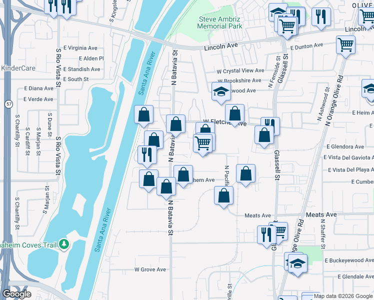 map of restaurants, bars, coffee shops, grocery stores, and more near 2401 North Batavia Street in Orange