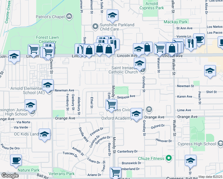 map of restaurants, bars, coffee shops, grocery stores, and more near 9191 Windsor Circle in Cypress