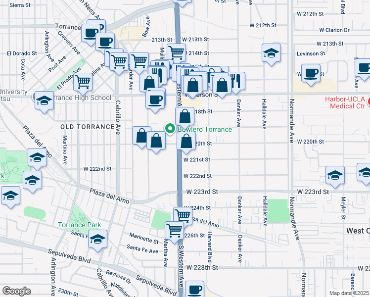 map of restaurants, bars, coffee shops, grocery stores, and more near 1643 West 220th Street in Torrance