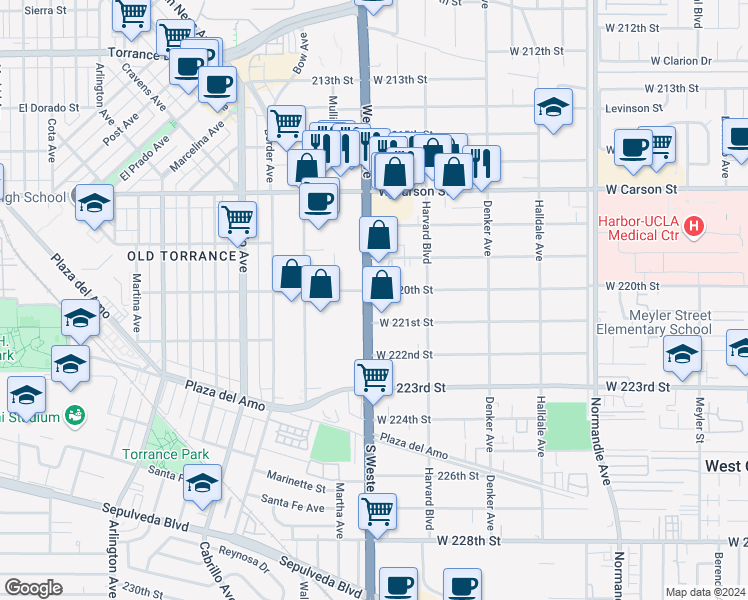 map of restaurants, bars, coffee shops, grocery stores, and more near 1643 West 220th Street in Torrance