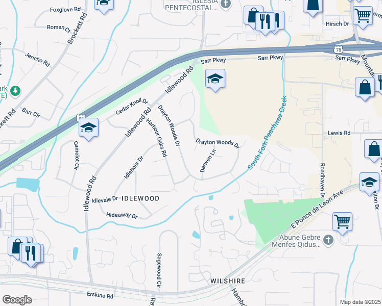 map of restaurants, bars, coffee shops, grocery stores, and more near 4268 Melbourne Court in Tucker
