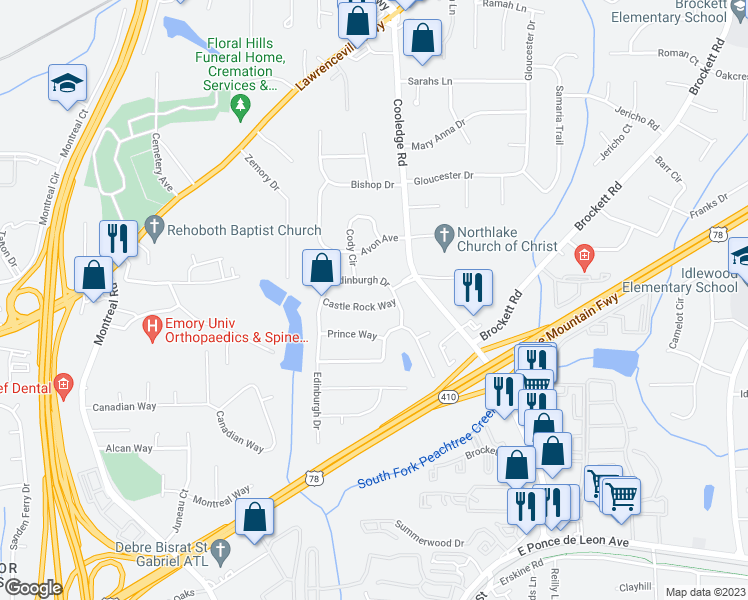 map of restaurants, bars, coffee shops, grocery stores, and more near 1633 Edinburgh Drive in Tucker