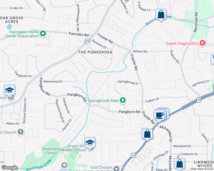 map of restaurants, bars, coffee shops, grocery stores, and more near 1574 Country Squire Court in Decatur