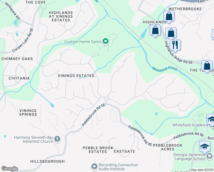 map of restaurants, bars, coffee shops, grocery stores, and more near 5297 Whitehaven Park Lane Southeast in Mableton