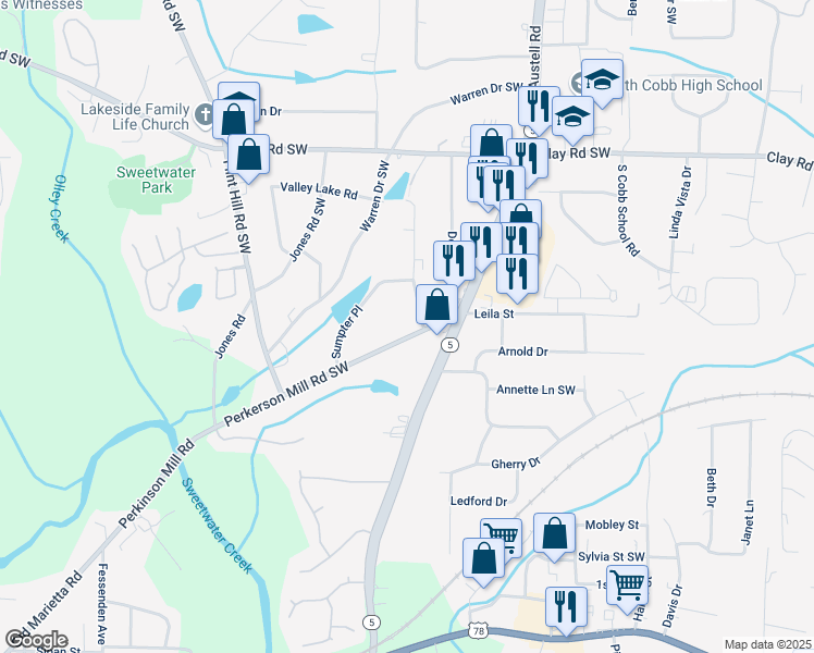 map of restaurants, bars, coffee shops, grocery stores, and more near 2130 Perkerson Mill Road Southwest in Austell