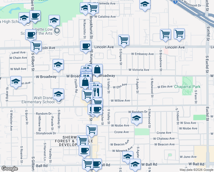 map of restaurants, bars, coffee shops, grocery stores, and more near 325 South Valley Street in Anaheim