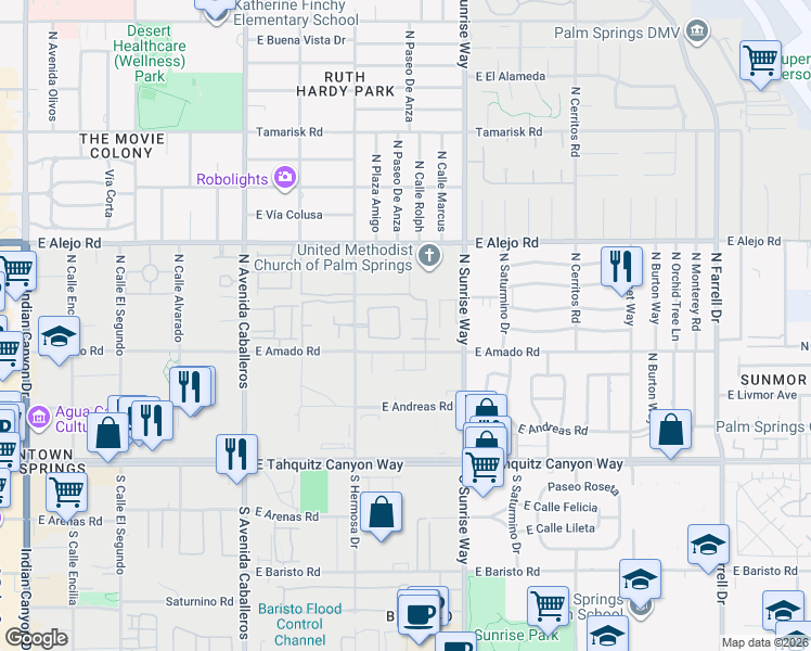 map of restaurants, bars, coffee shops, grocery stores, and more near 372 Ameno Drive East in Palm Springs