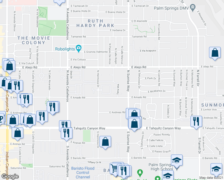 map of restaurants, bars, coffee shops, grocery stores, and more near 372 Ameno Drive East in Palm Springs