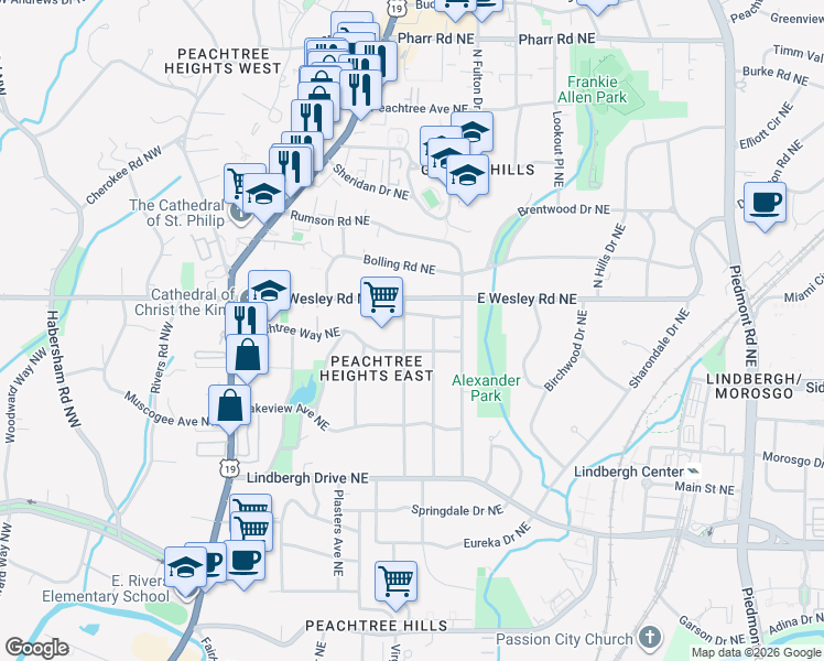 map of restaurants, bars, coffee shops, grocery stores, and more near 2671 Brookwood Drive Northeast in Atlanta