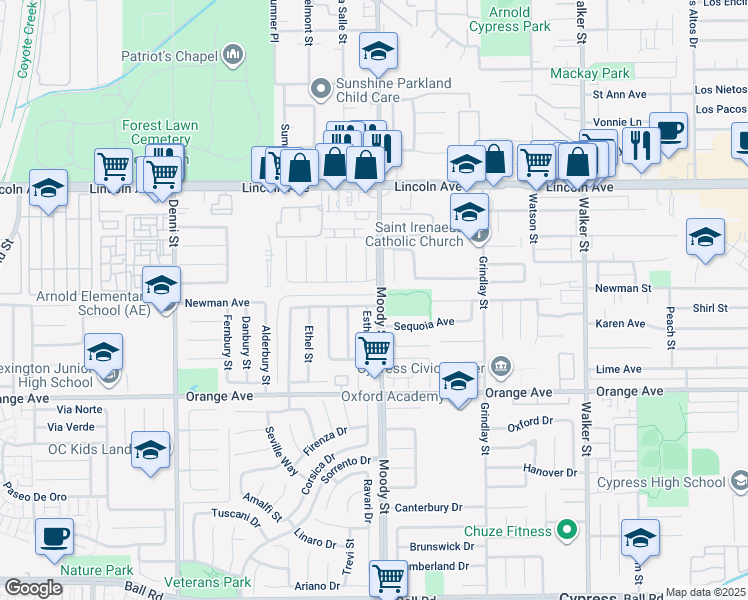 map of restaurants, bars, coffee shops, grocery stores, and more near 9191 Windsor Circle in Cypress