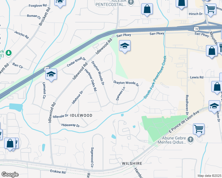 map of restaurants, bars, coffee shops, grocery stores, and more near 4268 Melbourne Court in Tucker
