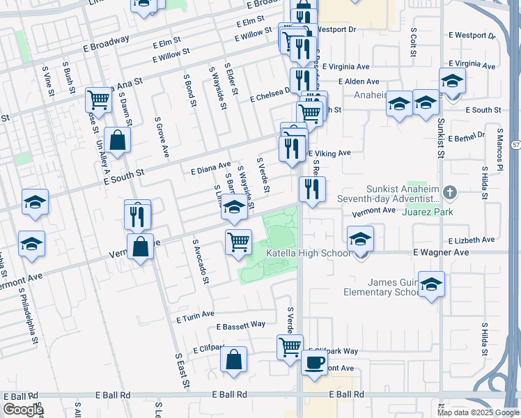 map of restaurants, bars, coffee shops, grocery stores, and more near 1705 East Vermont Avenue in Anaheim
