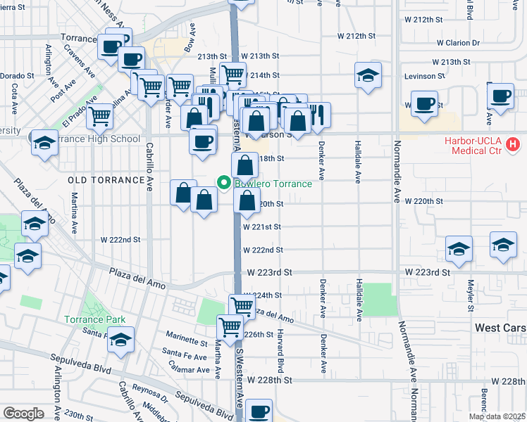 map of restaurants, bars, coffee shops, grocery stores, and more near 1643 West 220th Street in Torrance