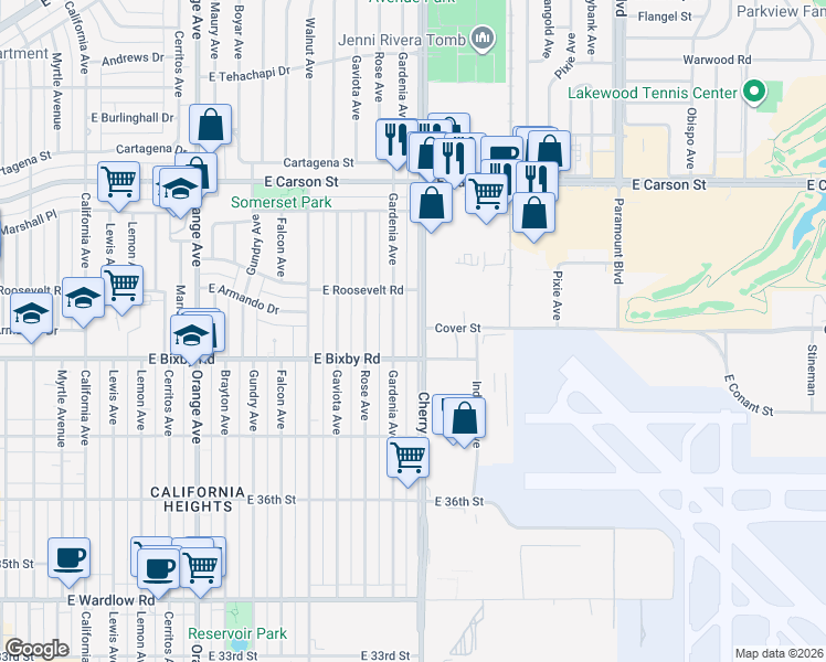 map of restaurants, bars, coffee shops, grocery stores, and more near 3829 Cherry Avenue in Long Beach