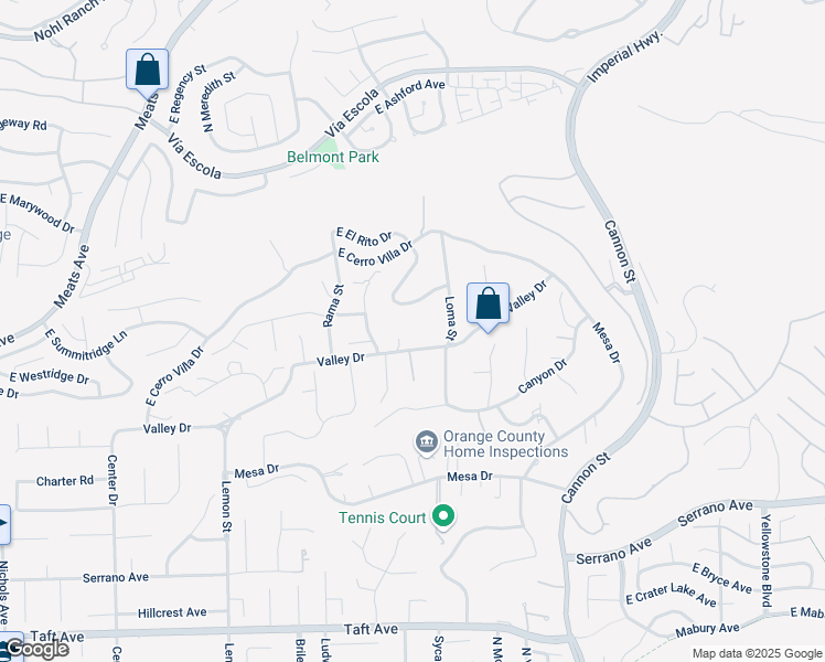 map of restaurants, bars, coffee shops, grocery stores, and more near 18941 Valley Drive in Villa Park