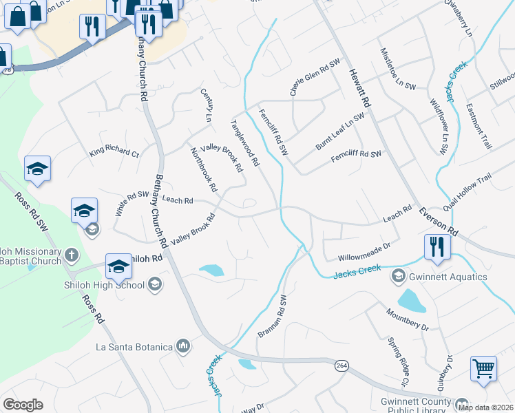 map of restaurants, bars, coffee shops, grocery stores, and more near 4143 Tanglewood Road in Snellville