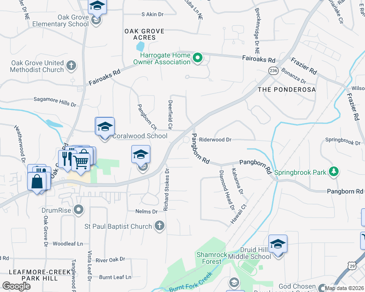 map of restaurants, bars, coffee shops, grocery stores, and more near 2664 Oak Park Trail in Decatur