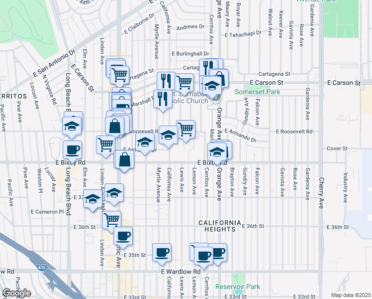 map of restaurants, bars, coffee shops, grocery stores, and more near 1099 East Bixby Road in Long Beach