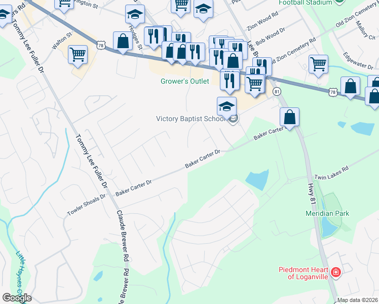 map of restaurants, bars, coffee shops, grocery stores, and more near 942 Park Place Drive in Loganville
