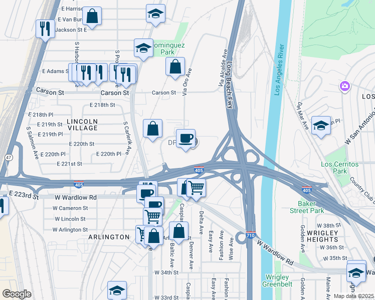 map of restaurants, bars, coffee shops, grocery stores, and more near 1500 Hughes Way in Long Beach