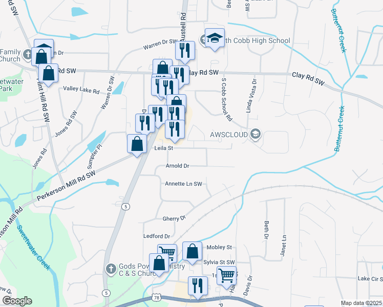 map of restaurants, bars, coffee shops, grocery stores, and more near 1933 Lelia Street in Austell