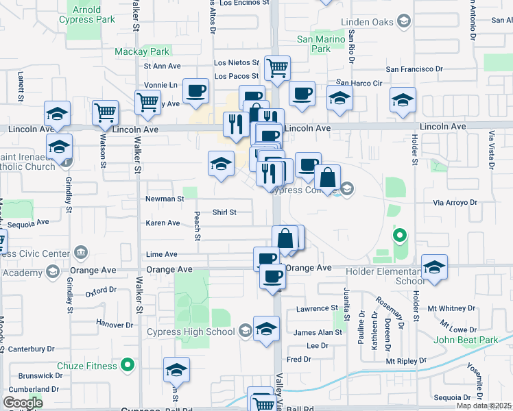 map of restaurants, bars, coffee shops, grocery stores, and more near 9209 Valley View Street in Cypress