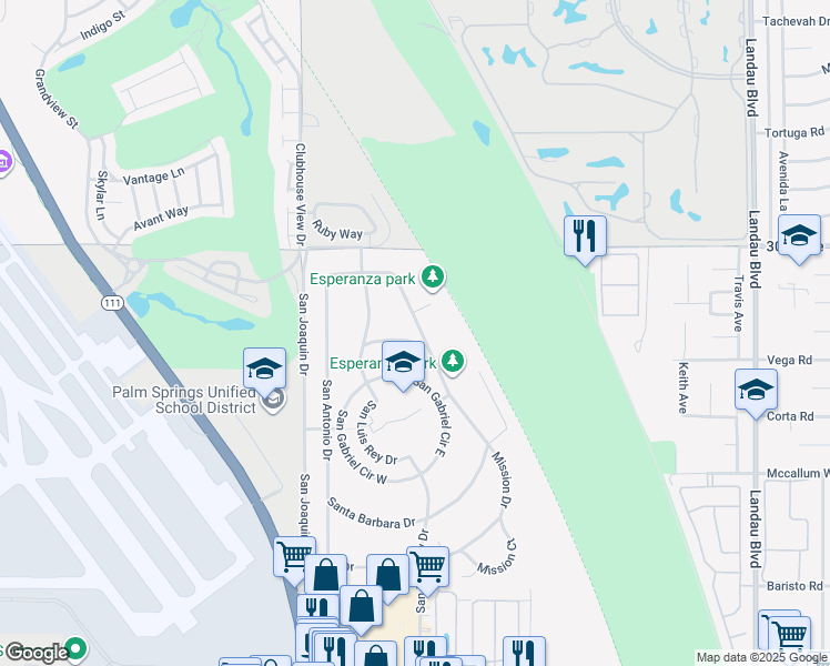 map of restaurants, bars, coffee shops, grocery stores, and more near 30340 San Diego Drive in Cathedral City