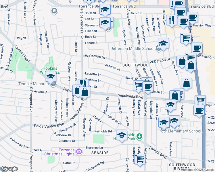 map of restaurants, bars, coffee shops, grocery stores, and more near 22105 Ellinwood Drive in Torrance